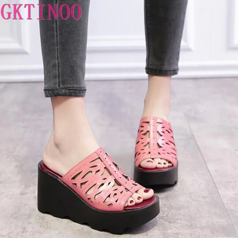 

GKTINOO Sandals women 2024 Genuine Leather Sandals heel slippers woman platform wedges summer shoes pumps woman flip flops