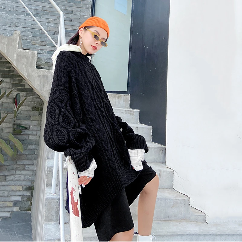 [EAM] Black Pleated Big Size Knitting Sweater