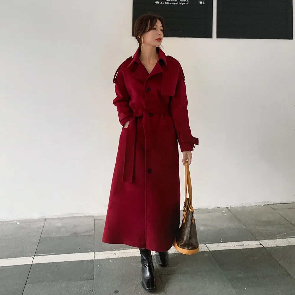 

Photo Shoot French Hepburn Wind Woolen Jacket Women's 2019 Winter New Style Retro England Large Pocket Waist Hugging Duffle Coat