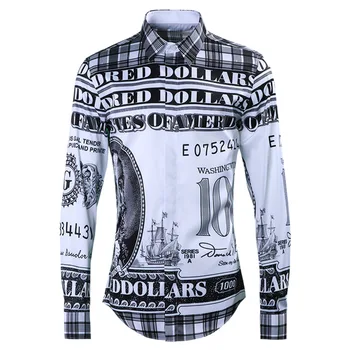 

New Men Shirt Luxury Dollar Allover Printing Party Mens Shirts Fashion Long Sleeve Slim Fit Mens Dress Shirts Plus Size 4xl