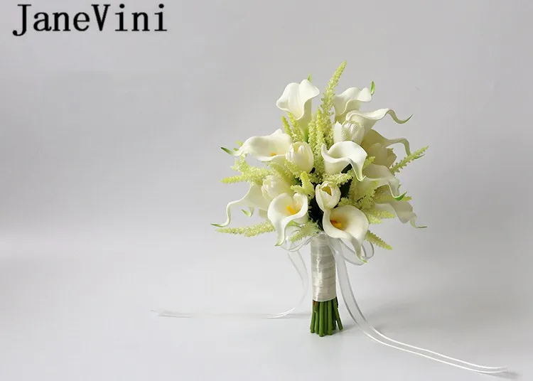 JaneVini цвета слоновой кости белые Искусственные букеты невесты Корея Калла Лилия шелковые цветы свадебные подружки невесты ручной Букет невесты