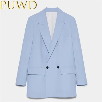 

Elegant women chic blazer 2020 office ladies nothced collar jackets casual female slim long slim suits sky blue girls chic