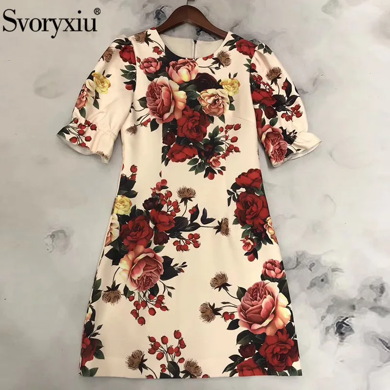 

Svoryxiu 2020 New Spring Summer Runway Fashion Short Dress Women's Puff Sleeve Flower Print Vintage Party Dresses