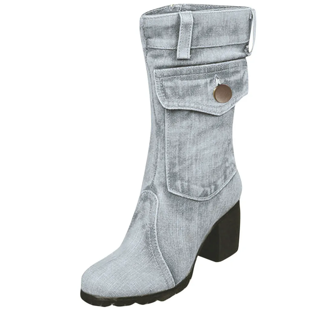 Light Blue Женские ботинки из джинсовой ткани, однотонные ботинки в римском стиле на среднем массивном каблуке, без шнуровки, большие размеры, обувь до середины икры, Botas chaussures femme - Цвет: Light Blue