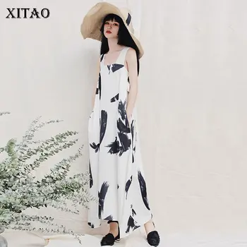 

XITAO Backless Women Dress Print Pattern Pocket Sleeveless Chiffon Strapless Goddess Fan Minority Style Loose Dress DMY4623