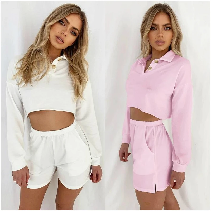 

2020 Fashion Trend Women 2PCS Solid Tracksuits Buttons Long Sleeve V Neck Crop Tops Short Trousers Suits Casual Autumn Outfits