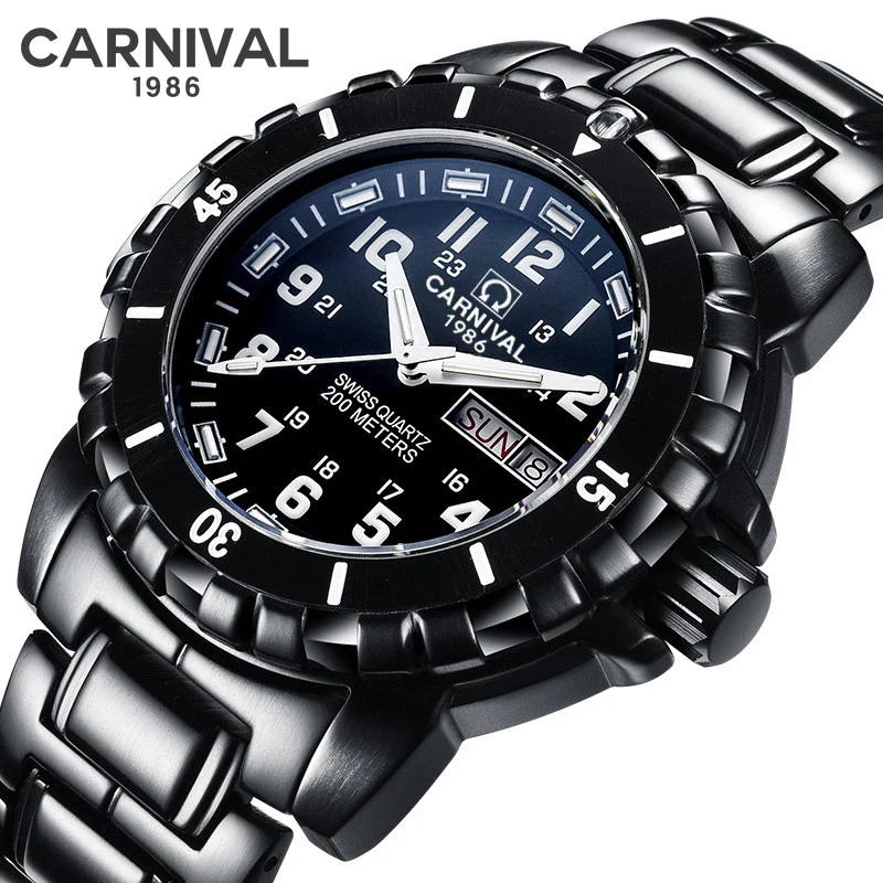 Светящиеся мужские часы Carnival Tritium водонепроницаемые военные кварцевые для