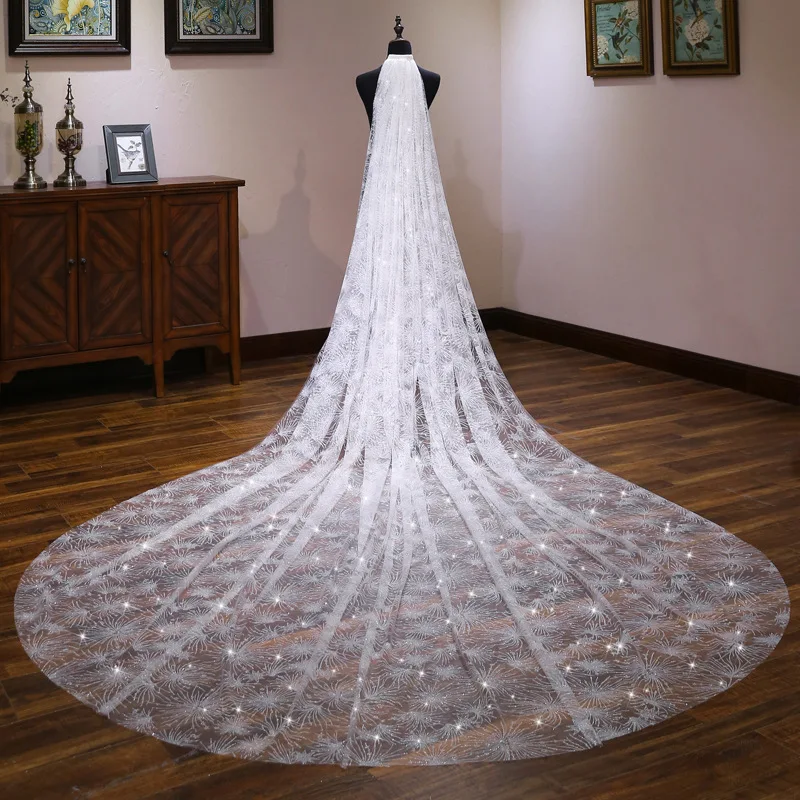 

New Arrival 3.5 Meter Long Wedding Veils Sequine Lace Wedding accessories Welon ivory Bridal Veil Long Boda vail bride