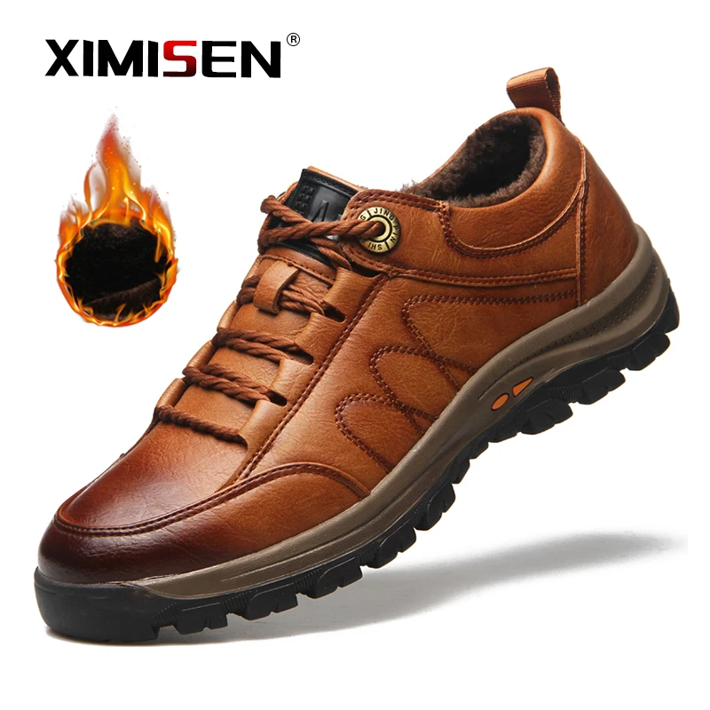 Модные мужские кожаные ботинки теплые меховые зимние Высококачественная