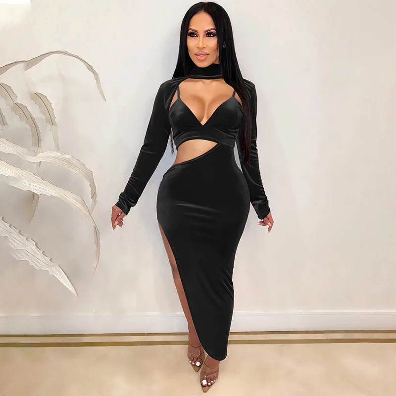 

Summer Bodycon Maxi Dress Black Casual Sexy Halter Long Sleeve Women Elegant Slim Fashion Long Dresses Vestido Mujer Verano