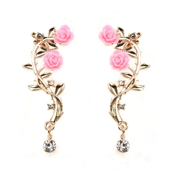 

New Fashion Lady Gold Pink Rose Leaf Flower Ear Stud Cuff Earring Women Jewelry Pendientes Princesas Boucle D'oreille Cristal
