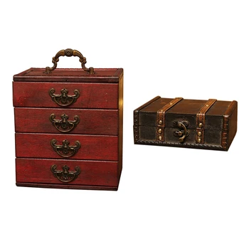 

2Pcs Jewelry Storage Case Box Treasure Chest Wooden Art Crafts - 4 Layers Drawer Type & Retro Treasure Chest with Lock