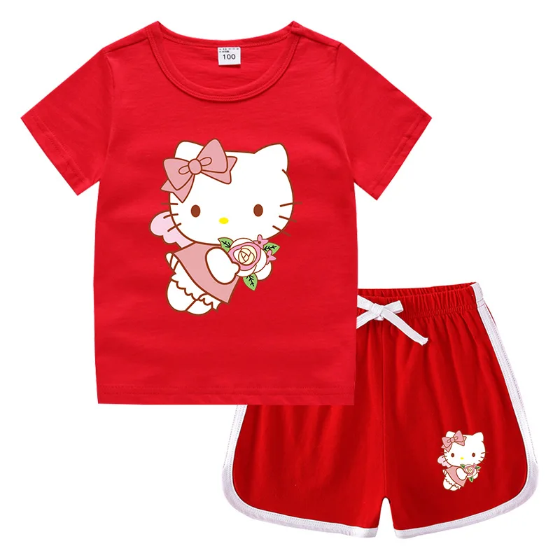 thumbnail image 1 of Nuevo traje de Hello Kitty, camiseta bonita de dibujos animados + Pantalones calientes informales, camisa de fondo de dos piezas absorbente de sudor de algodón caramelo para niños, 1 of 5