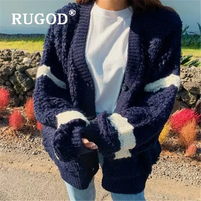 RUGOD, элегантный, пушистый, овечья шерсть, кардиган, для женщин, модный, контрастный цвет, рукав "летучая мышь", толстый свитер, Осень-зима, кардиган для женщин