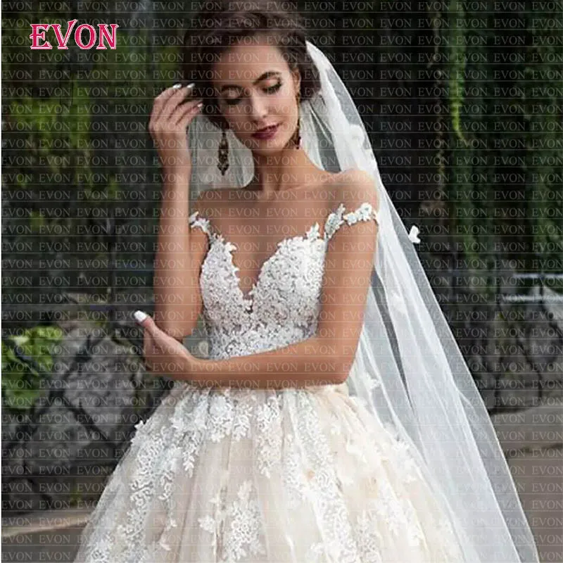 Robe De Mariee Роскошные кружевные бальные Свадебные платья принцессы Элегантный головной убор рукава совок Пуговицы Свадебные платья Vestido De Noiva