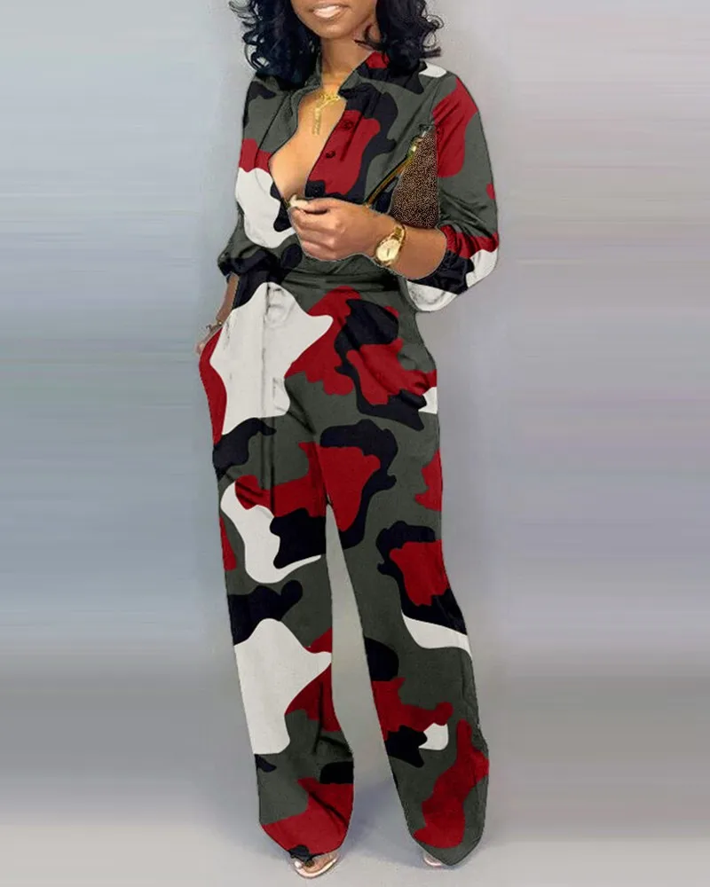 Women V Neck Camouflage Print Buttoned Jumpsuit Long Sleeve Rompers Party Club Jumpsuits