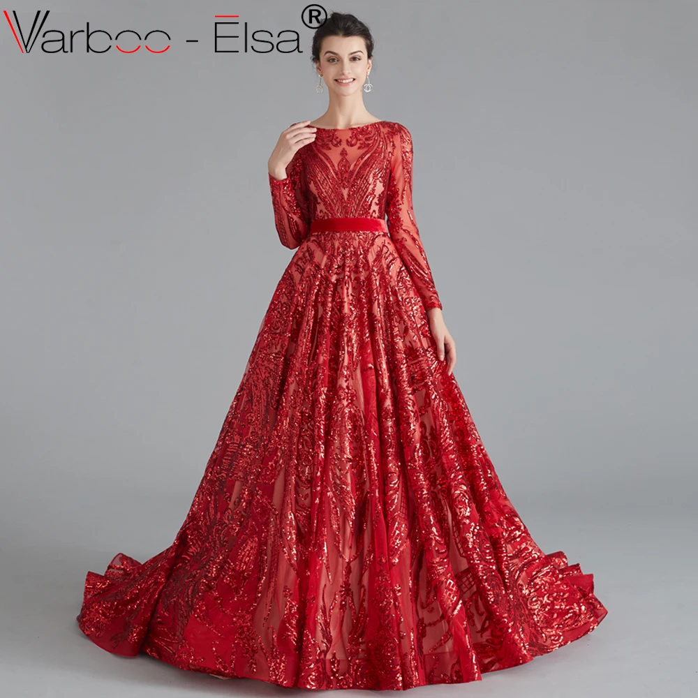 VARBOO_ELSA Красные Блестки с длинным рукавом Формальное вечернее платье для мусульманских женщин длинные имперские вечерние платья для выпускного вечера ТРАПЕЦИЕВИДНОЕ вечернее платье с открытой спиной
