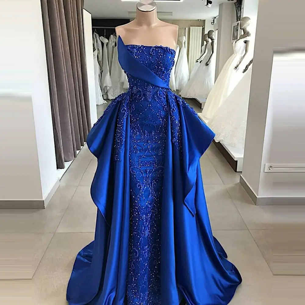 

Royal Blue Mermaid Prom Gowns Luxury Beading Crystals Evening Dress Long Robe De Soiree Strapless Formal Dresses Custom Made