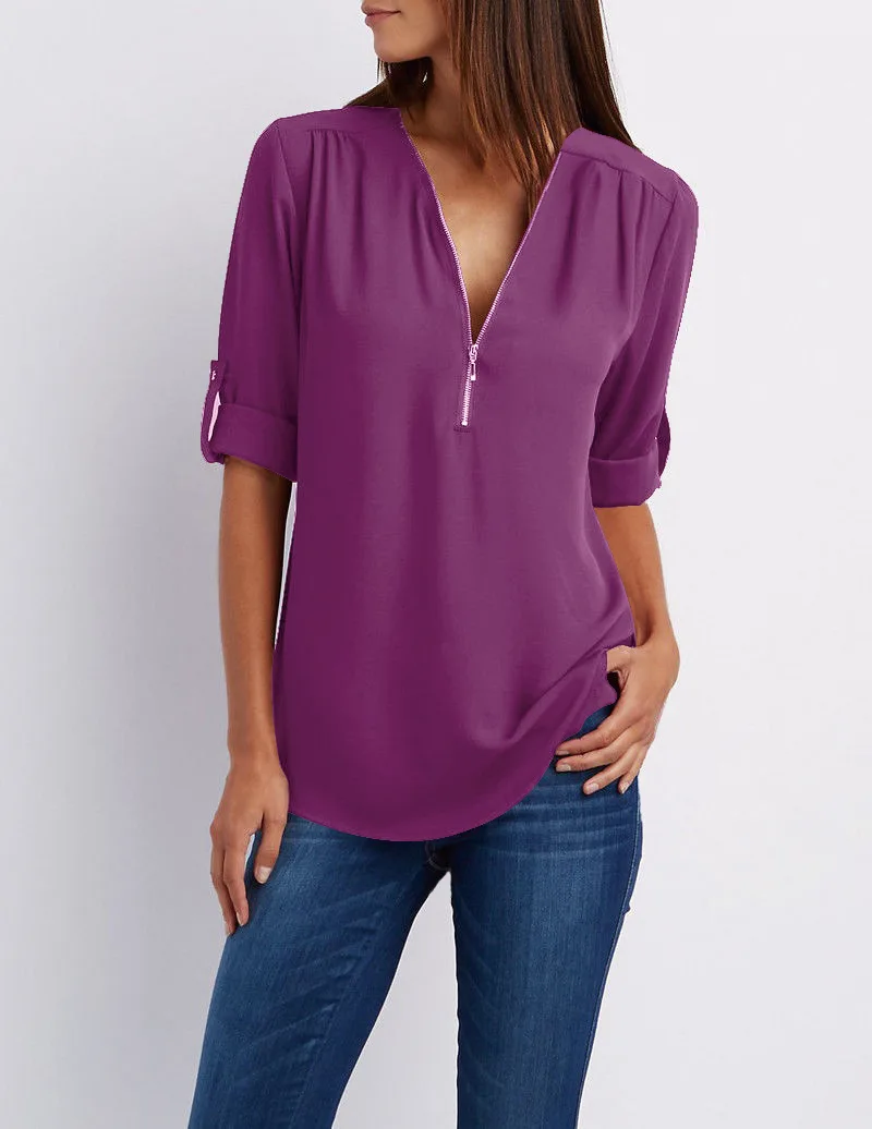 S-5XL Women Chiffon Blouse Casual Half Sleeve V-Neck Zipper Blue Irregular Loose Shirts Summer Autumn Sexy Tops Plus Size Shirts