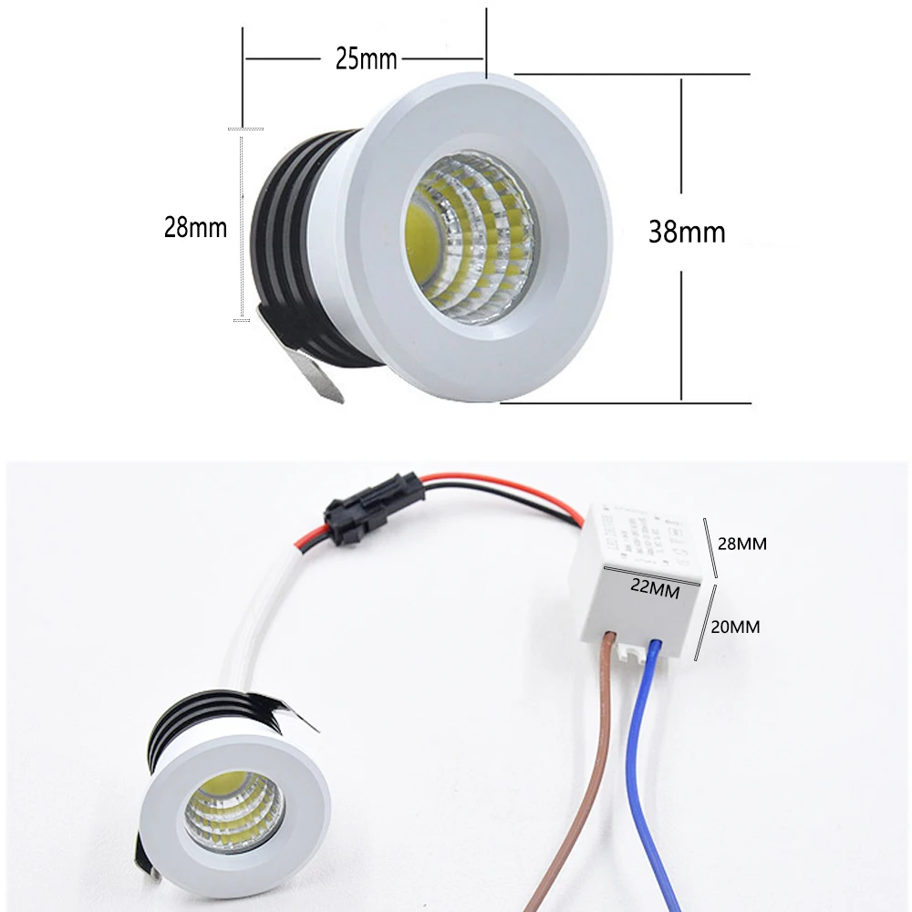  CZLSD Mini foco LED para gabinete de 1 W, 3 W, 110 V, 220 V,  Downlight 12 V DC, incluye lámpara de techo montada en la superficie del  conductor (Color emisor