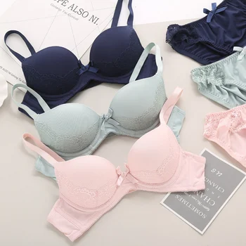 

New Japanese No Steel Ring Underwear Glossy Comfort Bra Lace Sweet Girl Bra Set H007NB