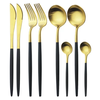 

8Pcs Western Black Gold Cutlery Set Matte Knife Fork Spoon Dinnerware Set 18/10 Stainless Steel Tableware Set Kitchen Dinner Set