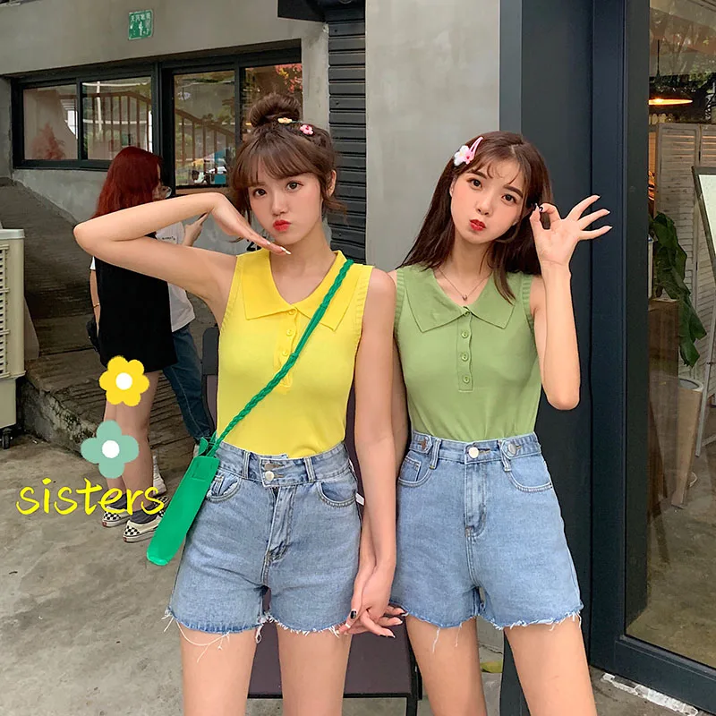 Ladies Female Women Sweet Candy Color Lapel Solid Color Joker Slim Knit Tank Top Breathable Knit Tops Shirt