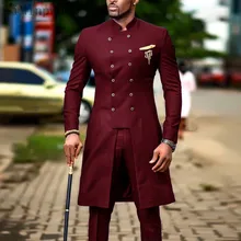 YiMinpwp Burgundy Men Suits Stand Collar Double Breasted Wedding Suits for Men 2 Piece Long Coat+Pant