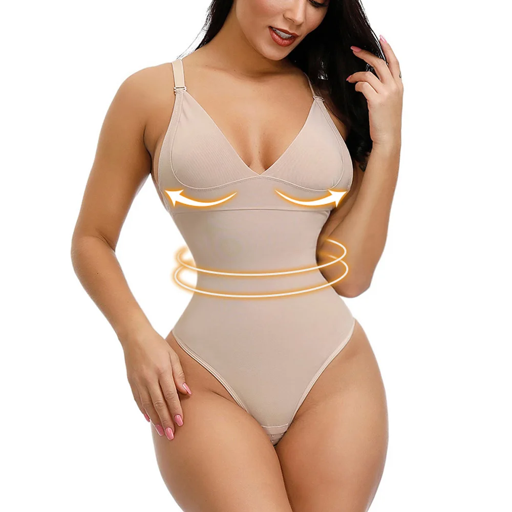 nude body shaper HEXIN, Женское боди с глубоким v-образным вырезом на бретелях, Корректирующее белье с открытой спиной, бесшовное корректирующее белье, утягивающий корсет с эффектом пуш-ап - Цвет: nude body shaper