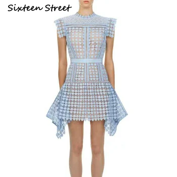 

New Blue Lace Dress Woman 2020 Summer Sleeveless O Neck Runway Design Luxury Mini Dress Female Party Vintage Vestido Street