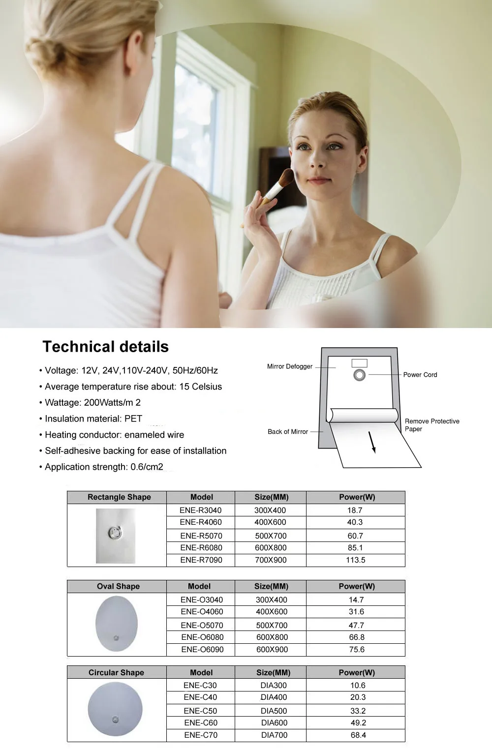 LED Lighted Mirror heating pad Bathroom mirror demister