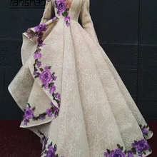 Мусульманские Вечерние платья v-образный вырез с длинными рукавами кружевные аппликационные цветы разрез Дубай Саудовская Арабский длинное вечернее платье для выпускного вечера