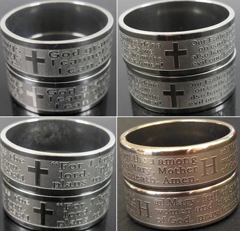 

Wholesale 50pcs Engraved Religious Ring Mix Etched Jesus Bible Prayer Stainless Steel Ring Religion Faith Jewelry Size 17-22mm