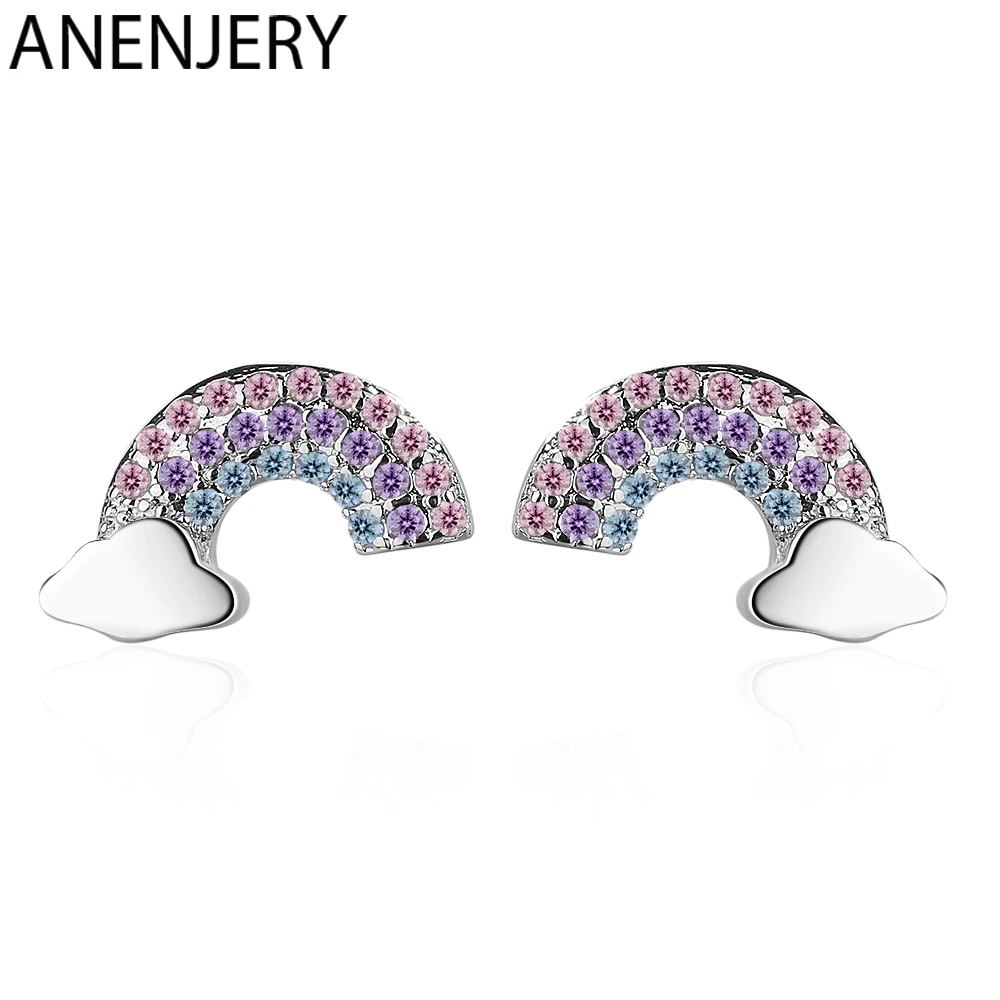 

ANENJERY Simple 925 Sterling Silver Colored Zircon Rainbow Clouds Earrings For Women Girl Best Gift S-E920