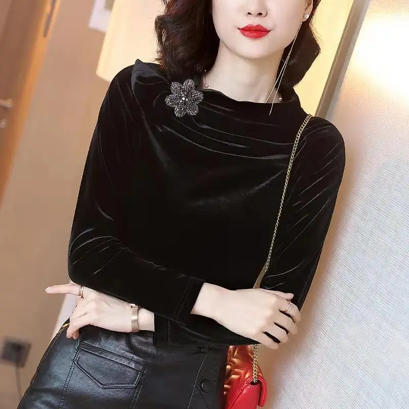 

Women Blouse Vintage Long Sleeve Office Lady Blue Button Up Tops Plus Size Elegant Velvet Shirts Roupas Feminina