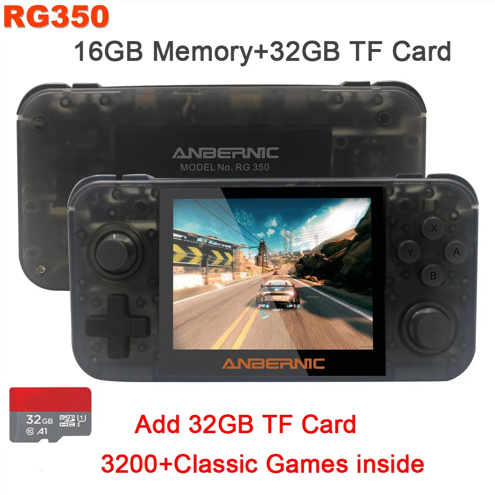 New Retro Game 350 Video Game 16GB Handheld game console MINI 64Bit 3.5 inch HD IPS Screen 32GB Card RG350 Game Player - Цвет: Tr Black add card