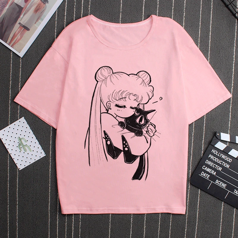 Sailor Moon 90s Funny Pink T Shirt Harajuku Clothes Tshirt Aesthetic Cat Anime Vogue T-shirt Kawaii Graphic Tees Ullzang Women - Цвет: 2854