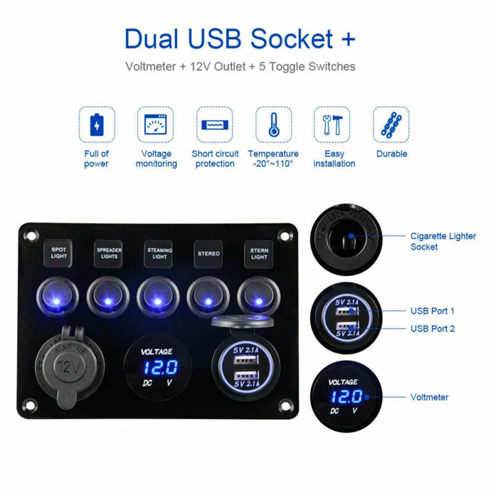 Автомобиль лодка морской светодиодный 5 Gang кулисный переключатель Панель Dual USB Порты и разъёмы автоматический выключатель вольтметр 12 V-24 V Универсальный Автомобильный Реле Переключения