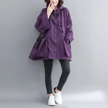 

2020 New Plus Size Women's Spring Autumn Coats Loose Long paragraph Large Pocket Hooded Windbreaker Trench Outerwear