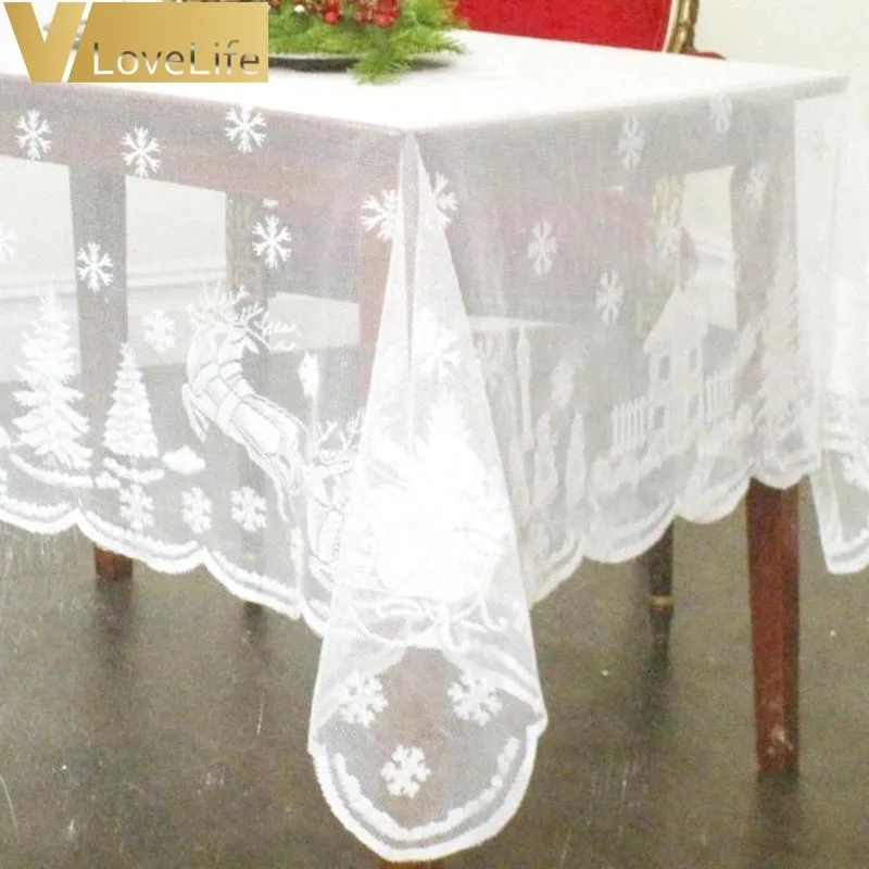  Christmas Elk White Lace Round Table Cloth Snowflake Large Table Covers Party Dinner Wedding Banque