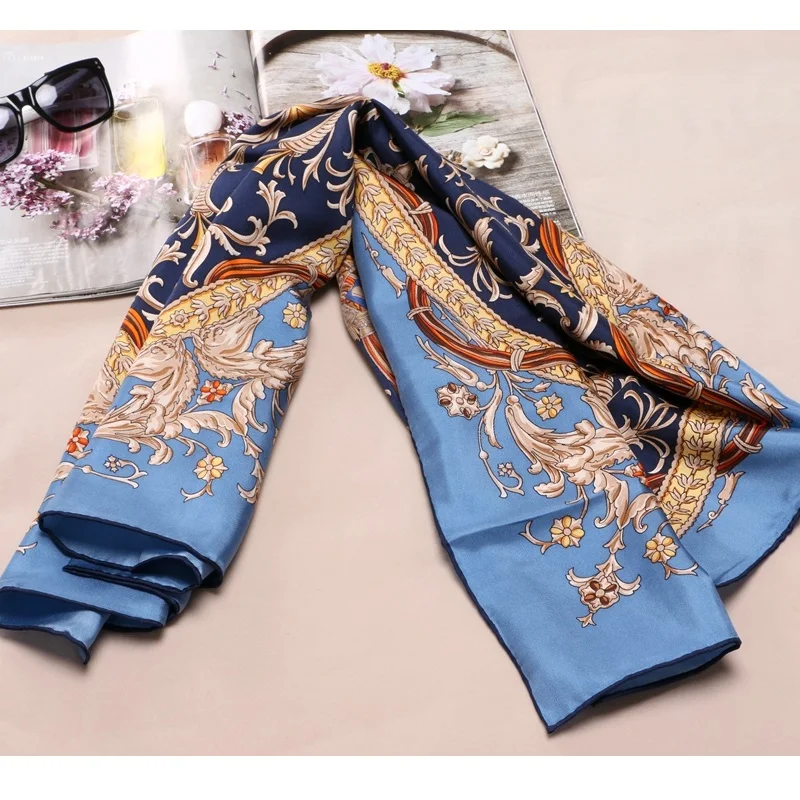 Vintage Blue Винтажный принт шелковый шарф Обертывания шаль платок 3" x 35" - Цвет: Vintage Blue