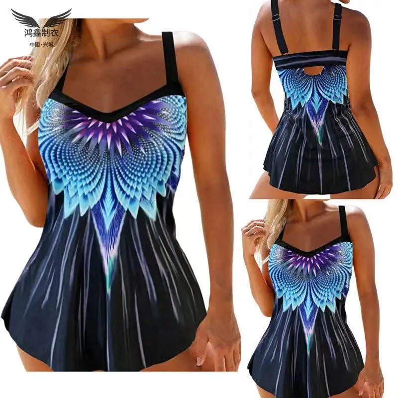

2021 European and American foreign trade split large swimsuit women's feather print pleated gradient cross border bikini
