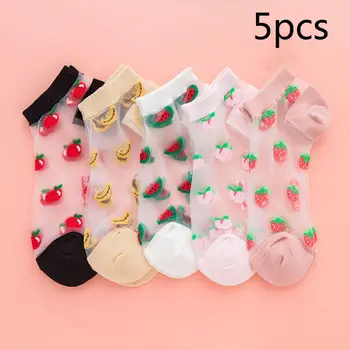 

5 Pairs Women Transparent Crystal Fiber Boat Socks Cute Watermelon Fruit Jacquard Summer Ultra-Thin Invisible Hosiery