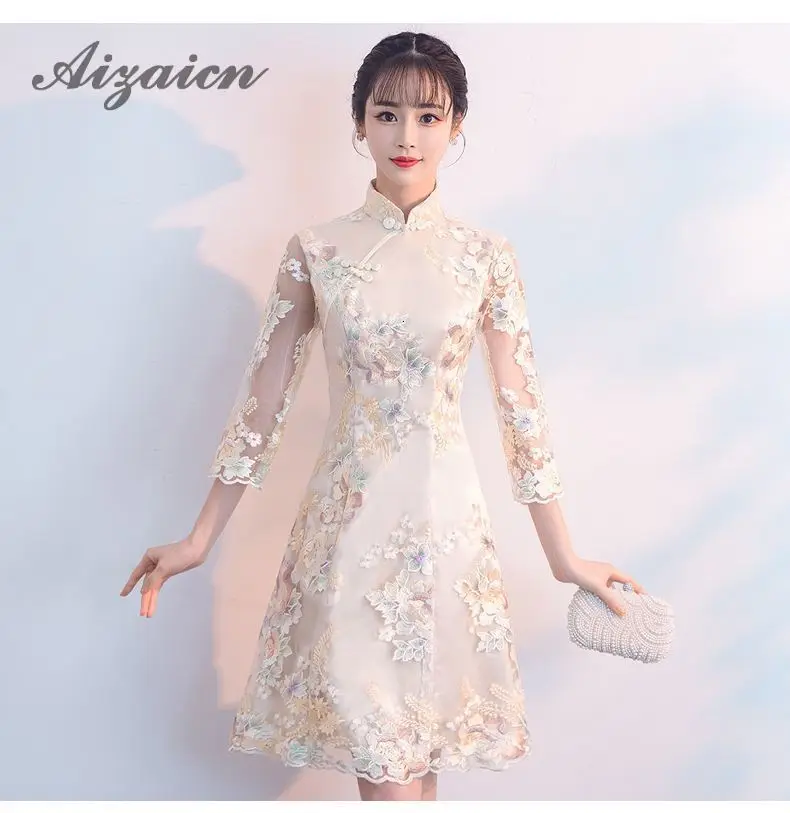 Cheongsam Мини Летняя мода кружева Половина рукава платья для вечеринок современные китайские свадебные Qipao платье Сексуальное Тонкое короткое Qi Pao