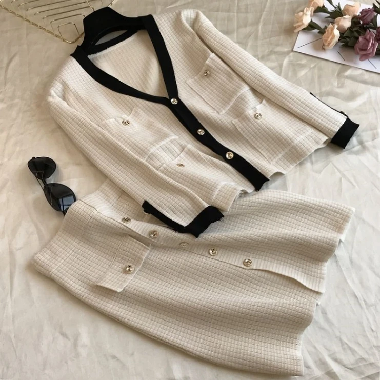 Neploe осенние вязаные свитеры комплект из 2 предметов женский кардиган с v-образным вырезом пальто+ юбка комплект из двух предметов модный элегантный вязаный костюм 55976