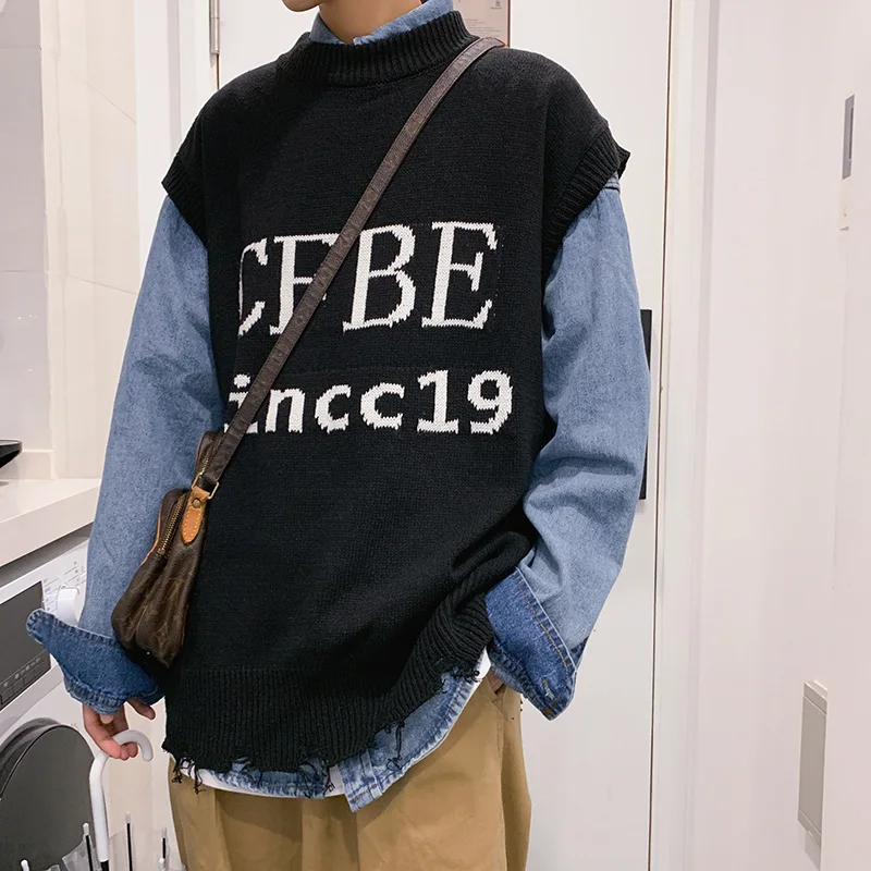 M-2XL!Autumn and winter tide sleeveless sweater men's sweater loose Korean version of the trend vest vest loose sweater male