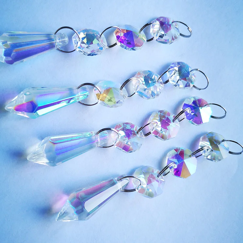 Hot Selling 10PCS AB Color Crystal octagon Beads With Glass Icicle-U Drops Prism Chandelier Parts & Birthday Cake Topper Decor