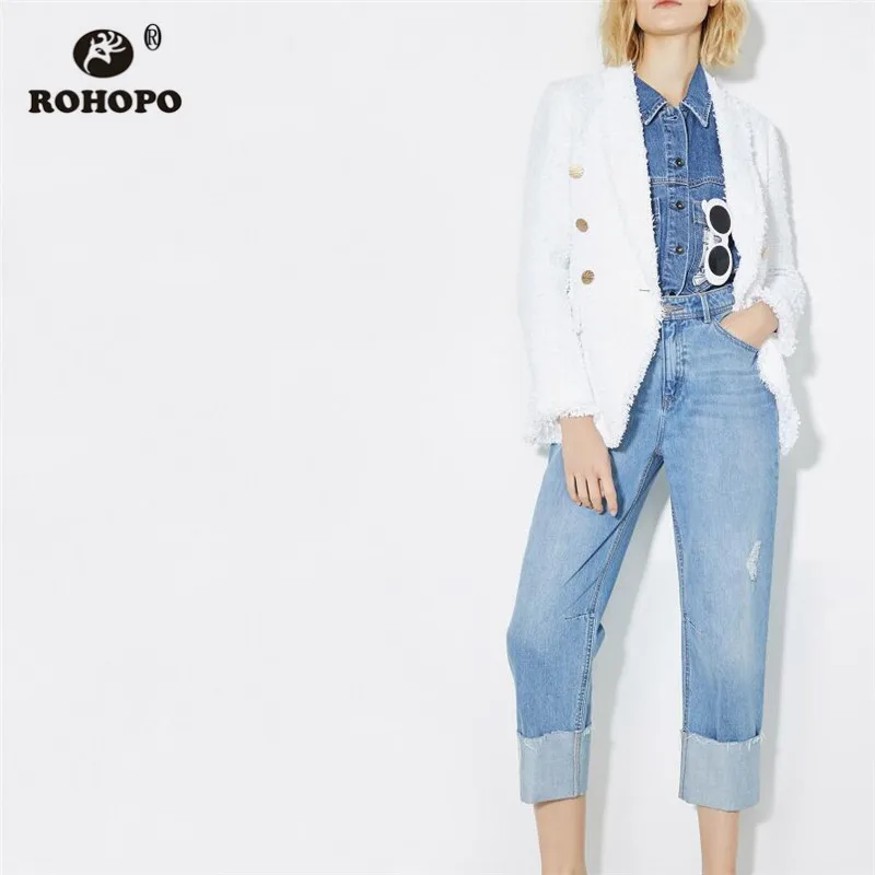 ROHOPO Double Breast Gold Buttons Notched Collar White Blazer Tweed Fabric Flaps Side Pockets Tassel Hem Autumn Outwear #2426 ROHOPO Double Breast Gold Buttons Notched Collar White Blazer Tweed Fabric Flaps Side Pockets Tassel Hem Autumn Outwear #2426