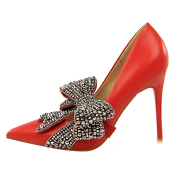 

2020 Women legant 10cm High Heels Scarpins Crystal Pumps Female Wedding Red Bridal Heels Lady Valentine white Black Party Shoes