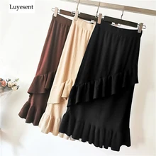 Вязаные однотонные Юбки Русалки с оборками черного, бежевого и кофейного цветов, женские тянущиеся трикотажные юбки Ullzang Empire, вечерние юбки, повседневная одежда